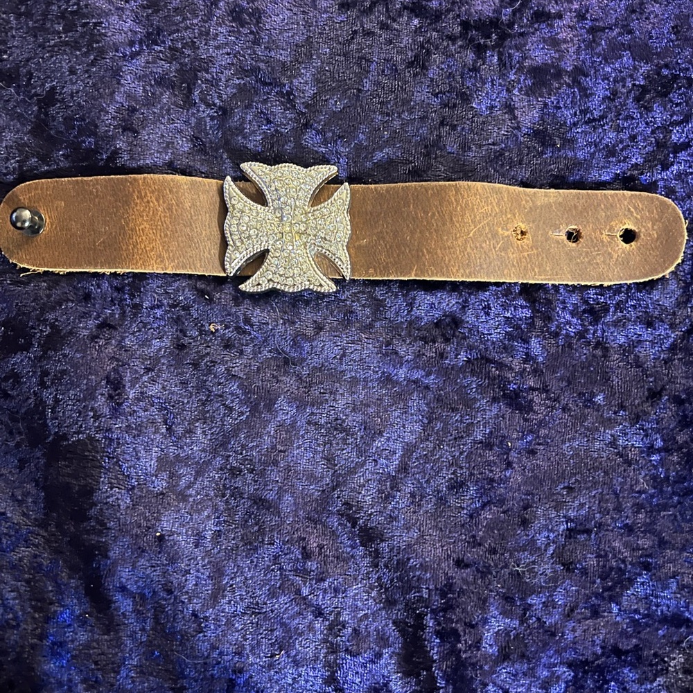 Tan Leather Bracelet with Silver Cross Design